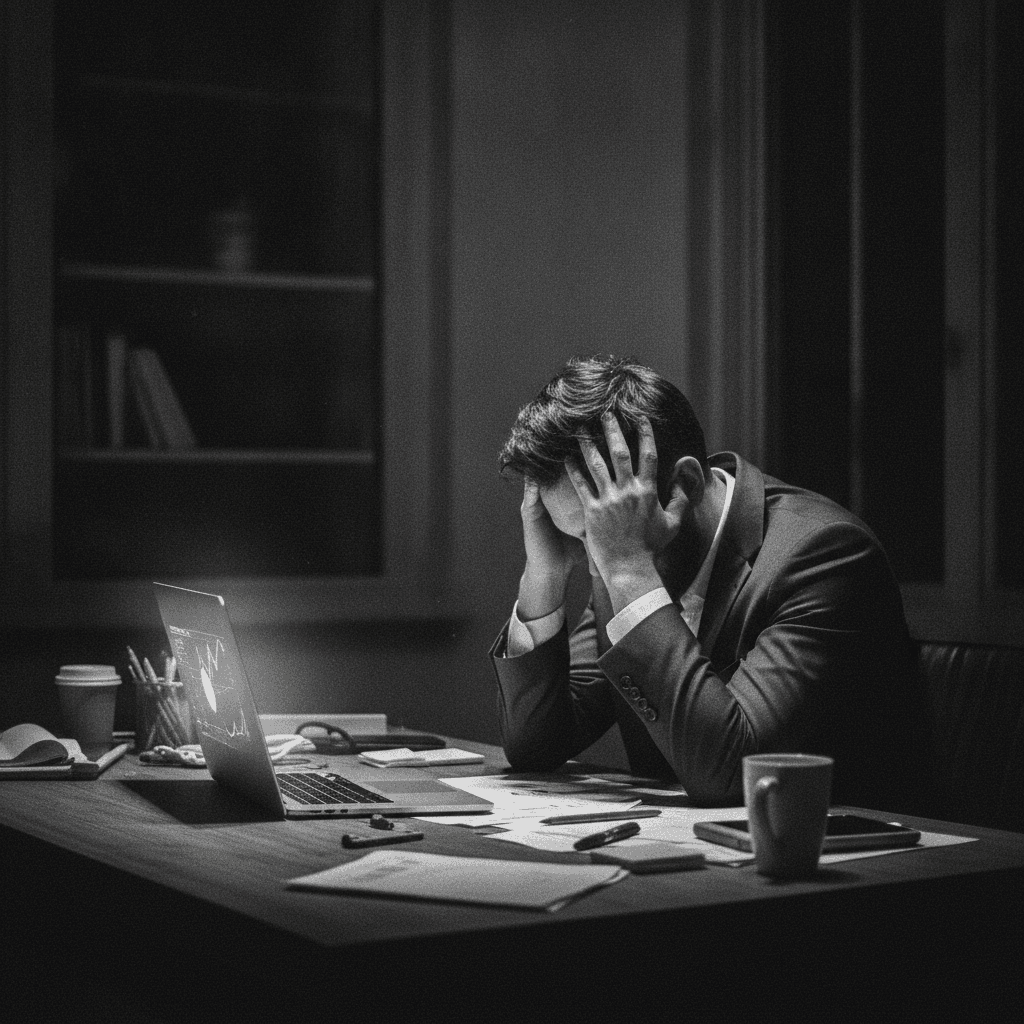 Trader sitting alone late at night with trading screens